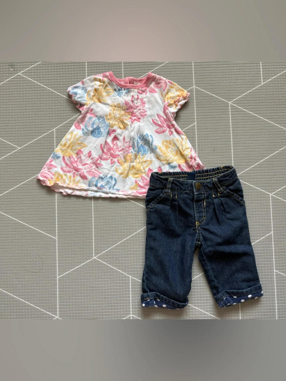Vintage Old navy|Baby girl set,Floral Puff-Sleeve Top & Denim Jeans•Boho summer